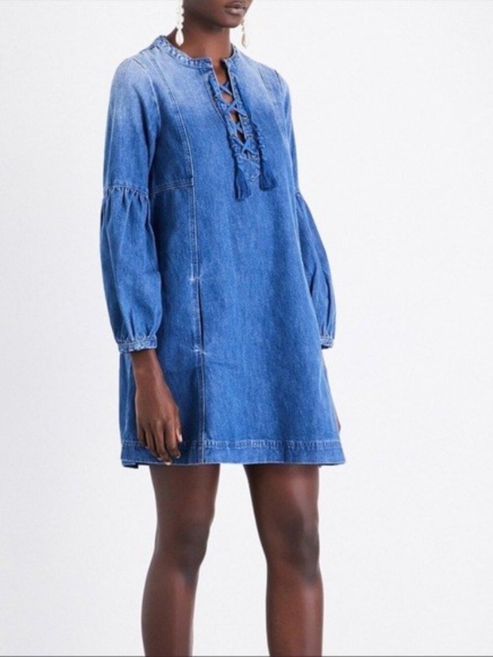 Ulla Johnson Deren Denim Lace Up Puff Sleeve Mini Dress 8